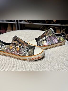 Ed Hardy Graphic Low Top Sneakers in Black & White
